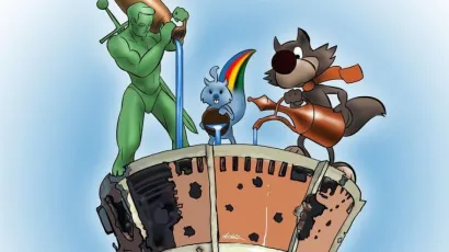 Pobednik, junak beogradskog Kalemegdana, Zagi, simbol Univerzijade i Vučko, simbol Olimpijskih igara u Sarajevu, zajedno na vukovarskom Vodotornju