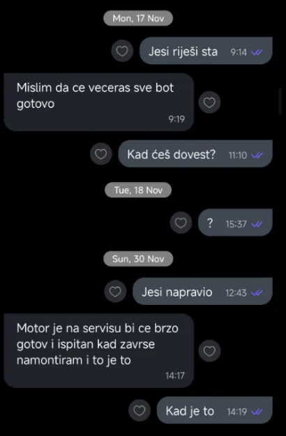 Neke od poruku dopisivanja s "majstorima" objavljene u Facebook grupi/Foto: Screenshot