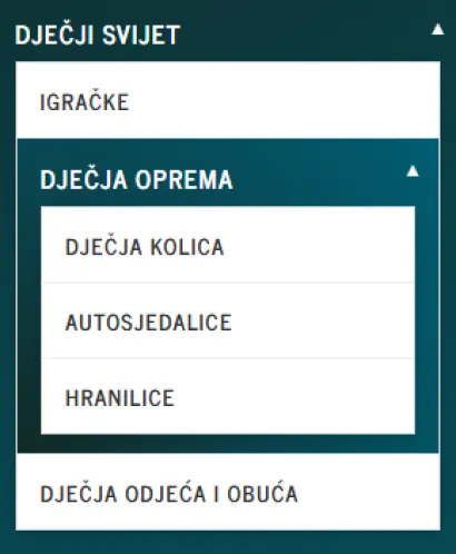 Oglasna rubrika "Dječji svijet" s potkategorijama