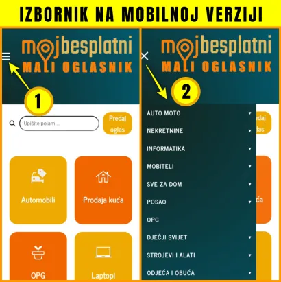 Klikom na 3 položene crtice (slika 1) na mobilnoj verziji otvara se bogati izbornik (slika 2). 