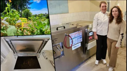 Voditeljica restorana Taverna Snježana Blažičko i Magdalena Martić iz Hortikulture Daruvarskih toplica pokraj kompostera/Foto: Nikica Puhalo/MojPortal.hr