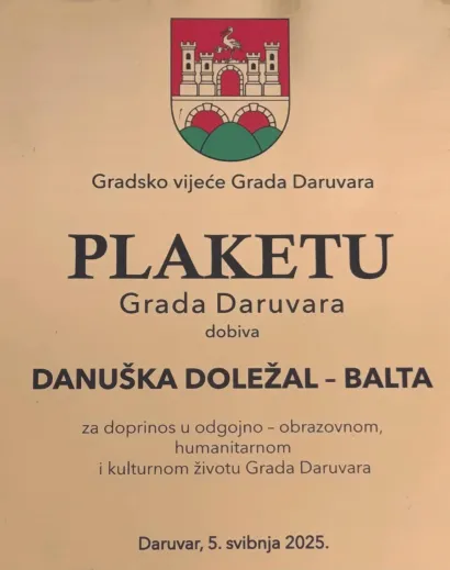 Za svoj rad primila je posebno priznanje Grada Daruvara/Foto: Privatni album