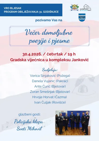 Službeni program Večeri domoljubne poezije i pjesme