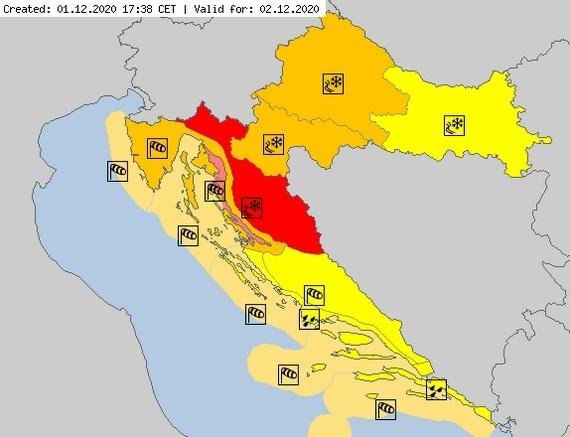 Karta DHMZ-a s upozorenjima: ŽUTO - potencijalno opasno vrijeme, NARANČASTO - opasno vrijeme, CRVENO: izuzetno opasno vrijeme / Foto: DHMZ