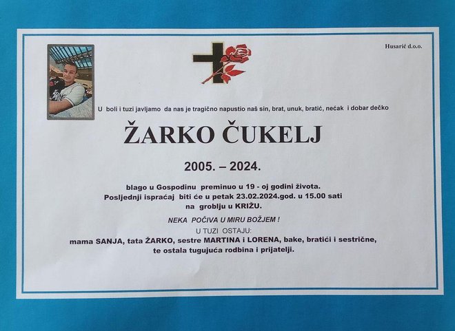 Osmrtnica Žarka Čukelja/ Foto:Facebook