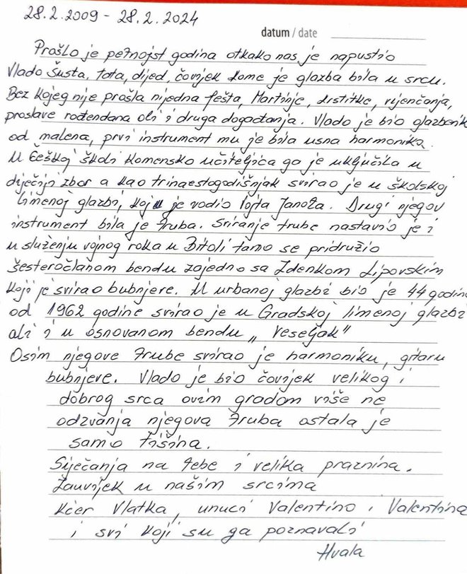 Pismo obitelji povodom obljetnice Šustine smrti/Foto: Privatni album
