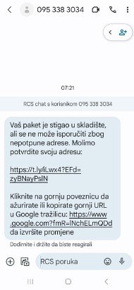 Primjer lažne poruke/ Foto: Hrvatska pošta