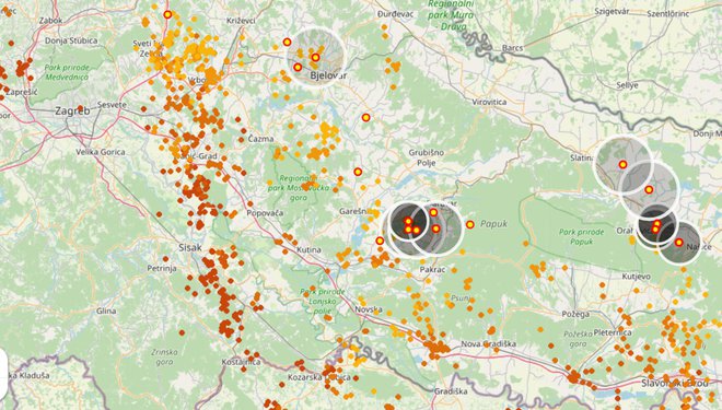 Prikaz nevremena koje se kreće od Zagreba prema Slavoniji/Foto: Lightning maps screenshot